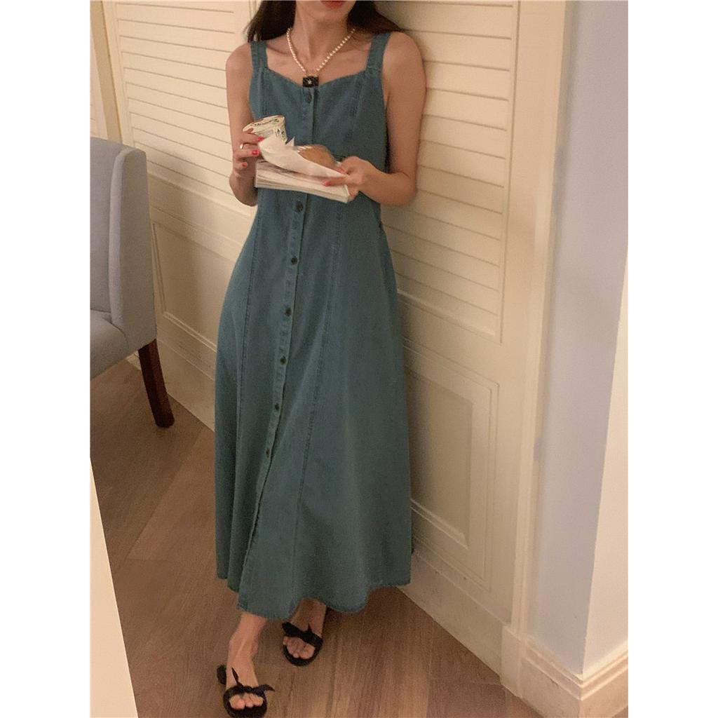 Đầm Denim Hai Dây Cổ Chữ V Dáng Ôm Phong Cách Thời Trang Pháp 64112