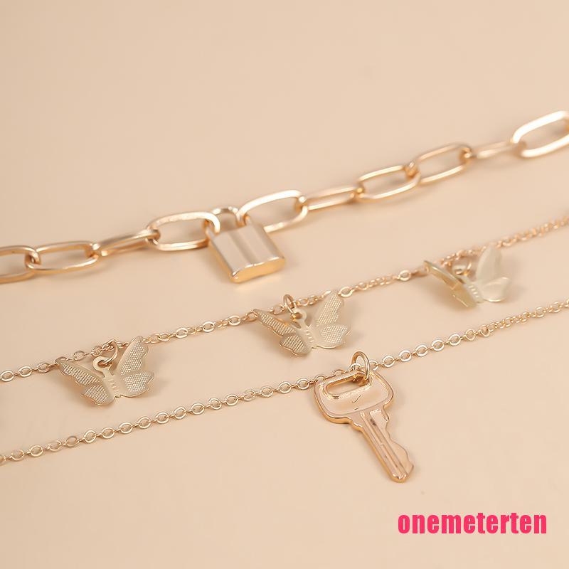 Boho Multi-layer Butterfly Padlock Key Pendant Choker Necklace Jewelry Gi