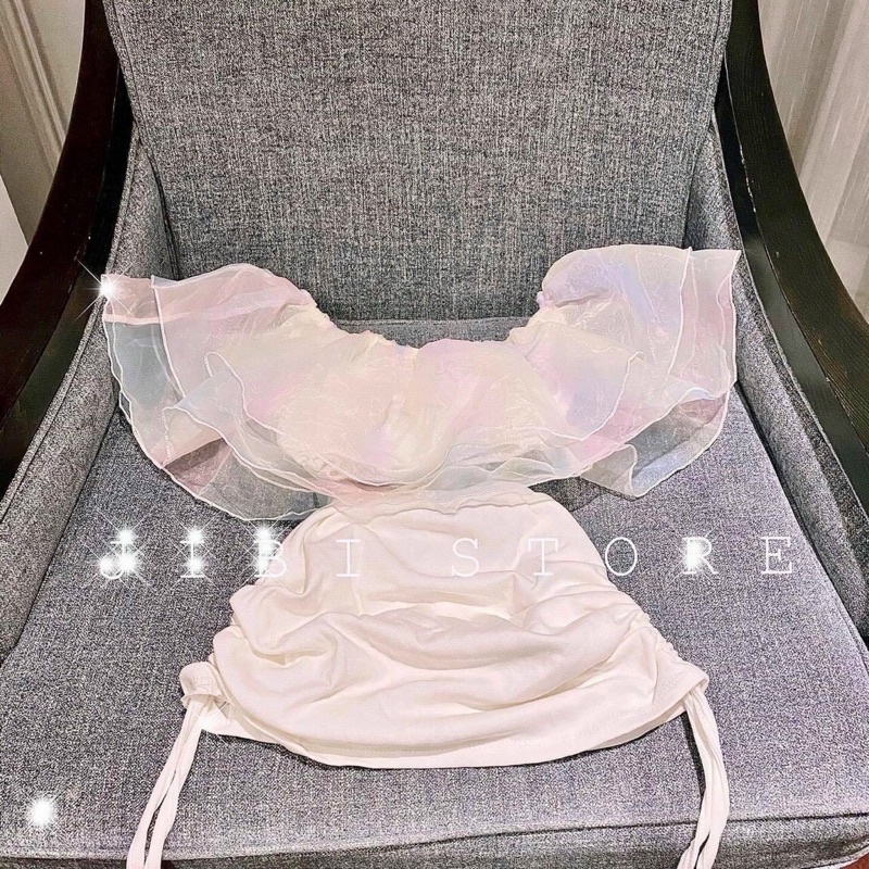 Set áo bẹt vai cầu vồng và chân váy rút dây 2 bên siêu hot