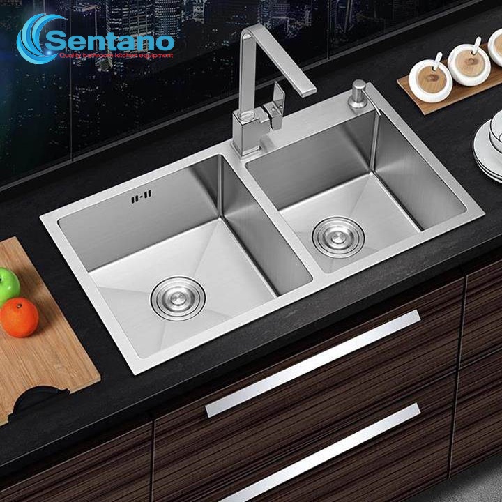 [LOẠI 1 PLUS] Combo Chậu rửa chén bát đúc liền khối Sentano Plus SC-11 8245TL 2 ngăn lệch 100% inox 304