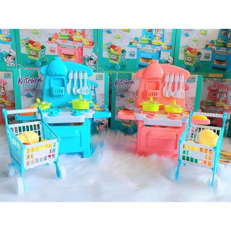 Đồ chơi nhà bếp nấu ăn mini kèm xe đẩy siêu thị đáng yêu nhựa tốt