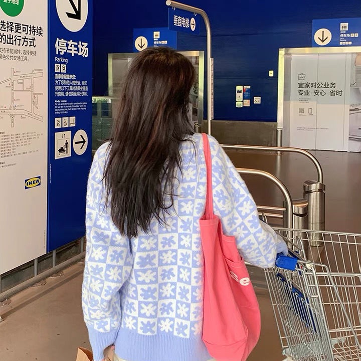 Áo Khoác Len Dáng Rộng Sọc Ca Rô Màu Xanh Dương Sữa Thời Trang Hàn Quốc 2022 Mới Cho Nữ