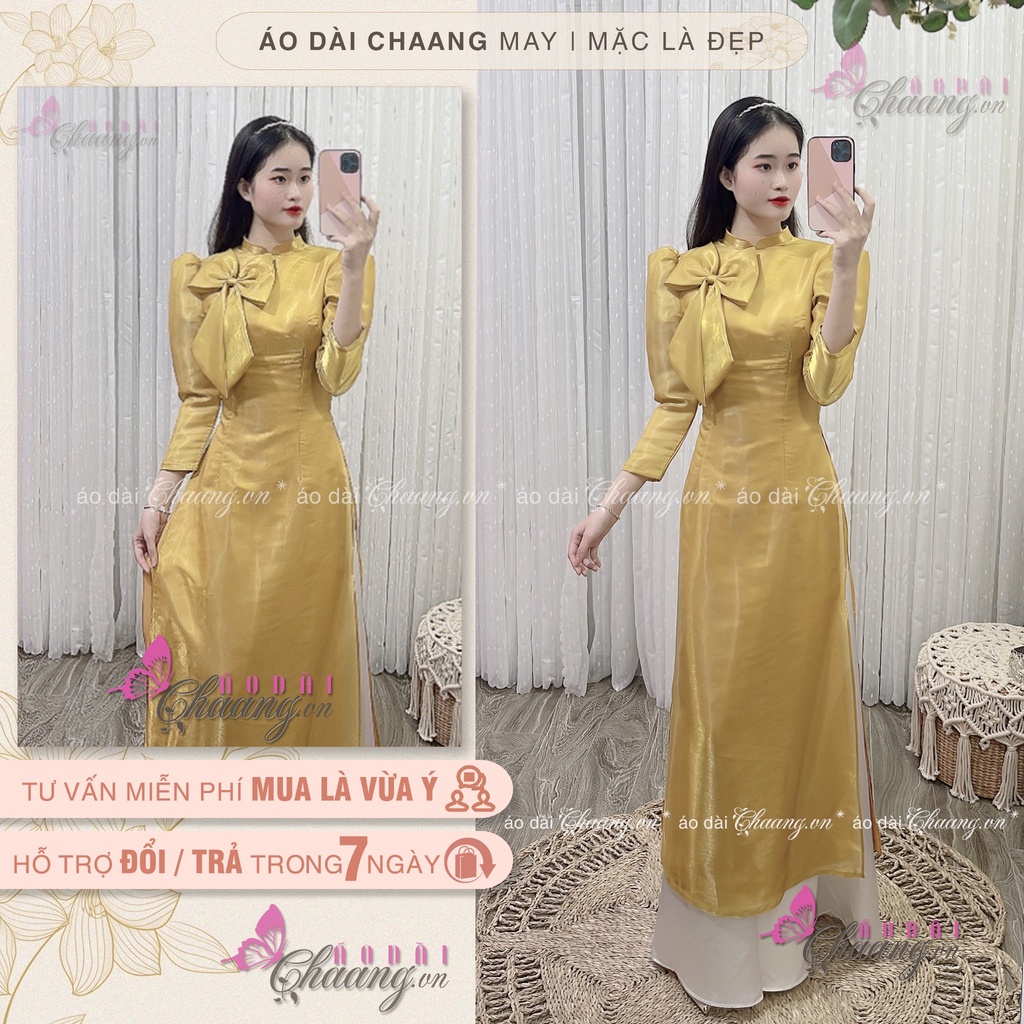 Áo dài nữ 4 tà may sẵn áo dài cách tân tay lỡ bồng lụa Organza đẹp