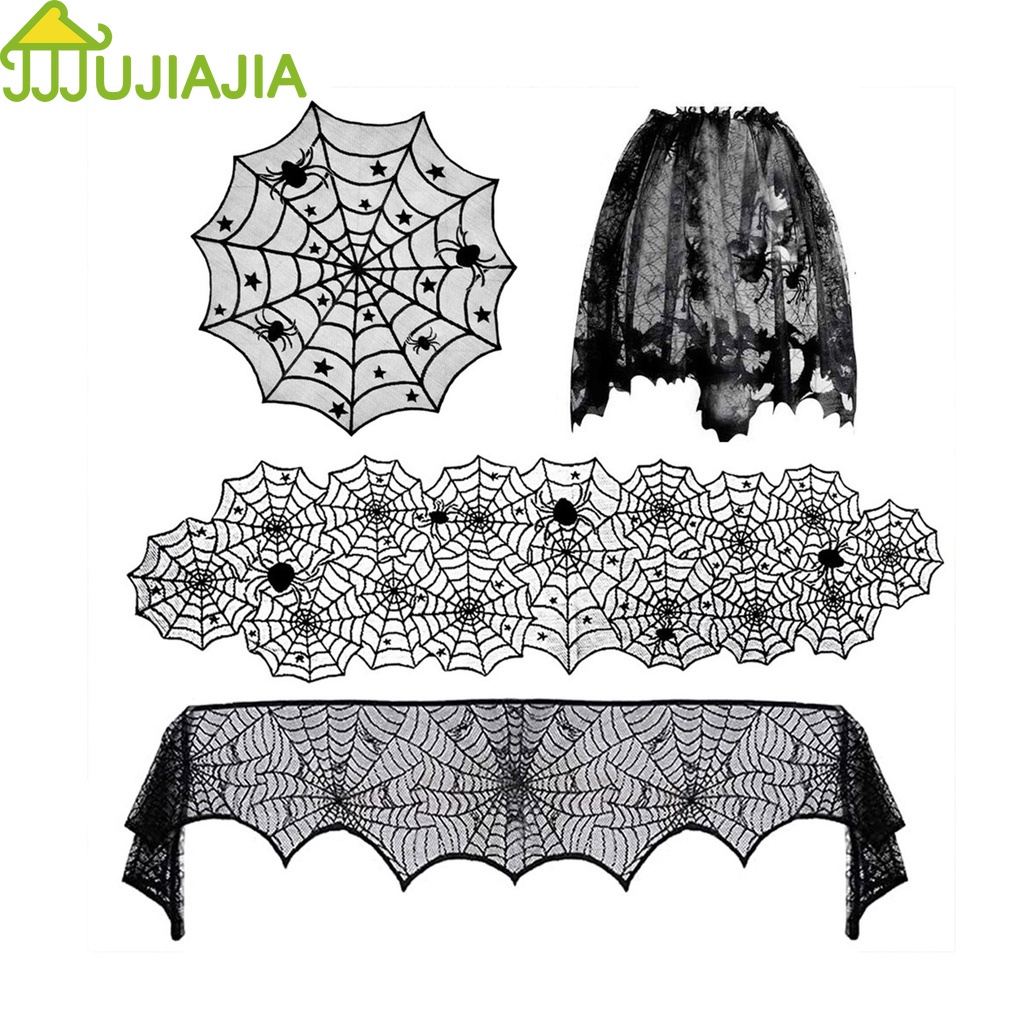Khăn Trải Bàn Ăn Họa Tiết Mạng Nhện Màu Đen Phối Ren Lưới Độc Đáo Trang Trí Bàn Ăn Dịp Halloween