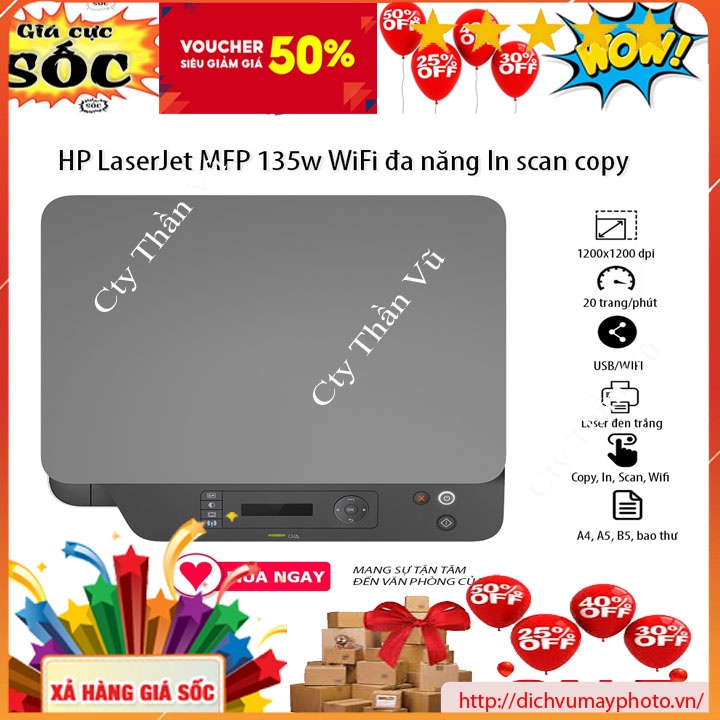 Máy in mới 100% Hp 135W có bảo hành in laser đen trắng copy in wifi scan INECO
