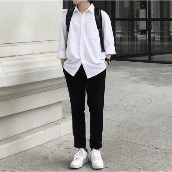 Áo sơ mi trắng dài tay unisex font rộng đi học, Áo sơ mi nam túi ngực hàng dày dặn , đẹp