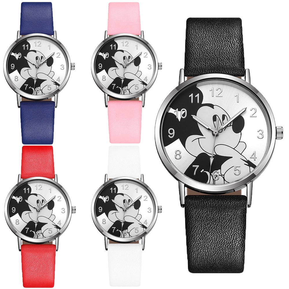 Đồng Hồ Nữ Dây Da Mặt Hình Chuột Mickey Dễ Thương