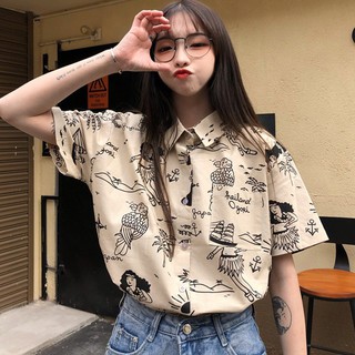 Áo Sơ Mi Nữ Ngắn Tay In Họa Tiết Phong Cách Retro