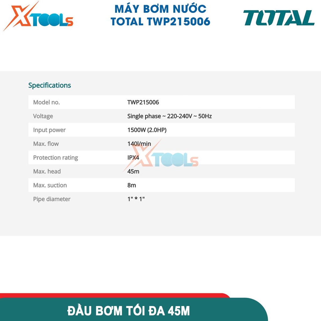 Máy bơm nước đẩy cao 45m 1500w Total lưu lượng 140l/p hút sâu 8m, motor bơm dây đồng 100% bảo hành 6 -CHÍNH HÃNG-XTOOLS