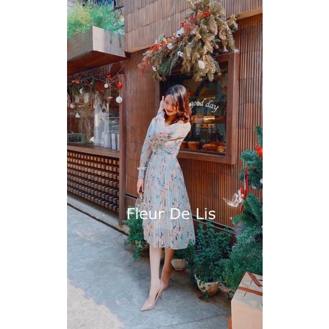 Đầm tay dài chất voan xếp ly thanh lịch chiết eo siêu xinh