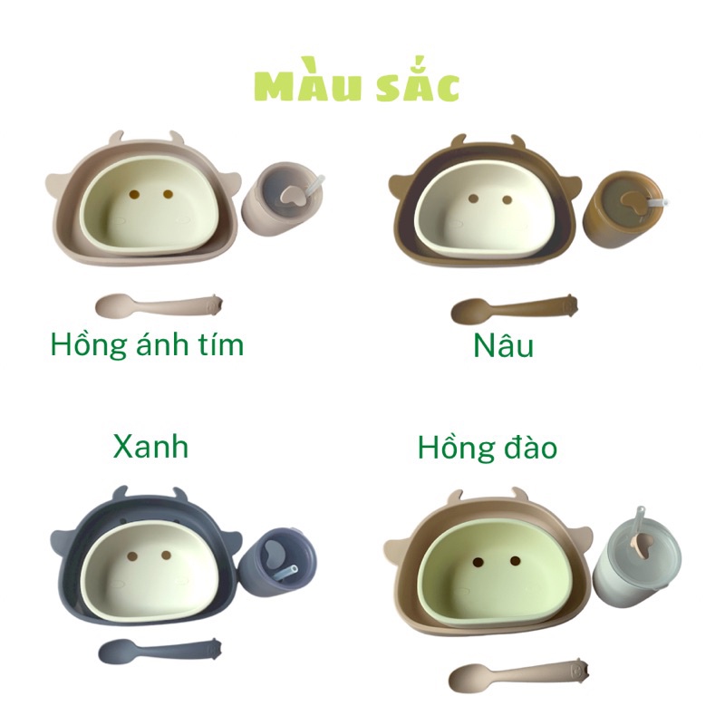 5 chi tiết - Bộ khay ăn dặm silicon đế hít chống lật gồm khay, bát, cốc silicon, thìa ăn dặm silicon hình chú bò