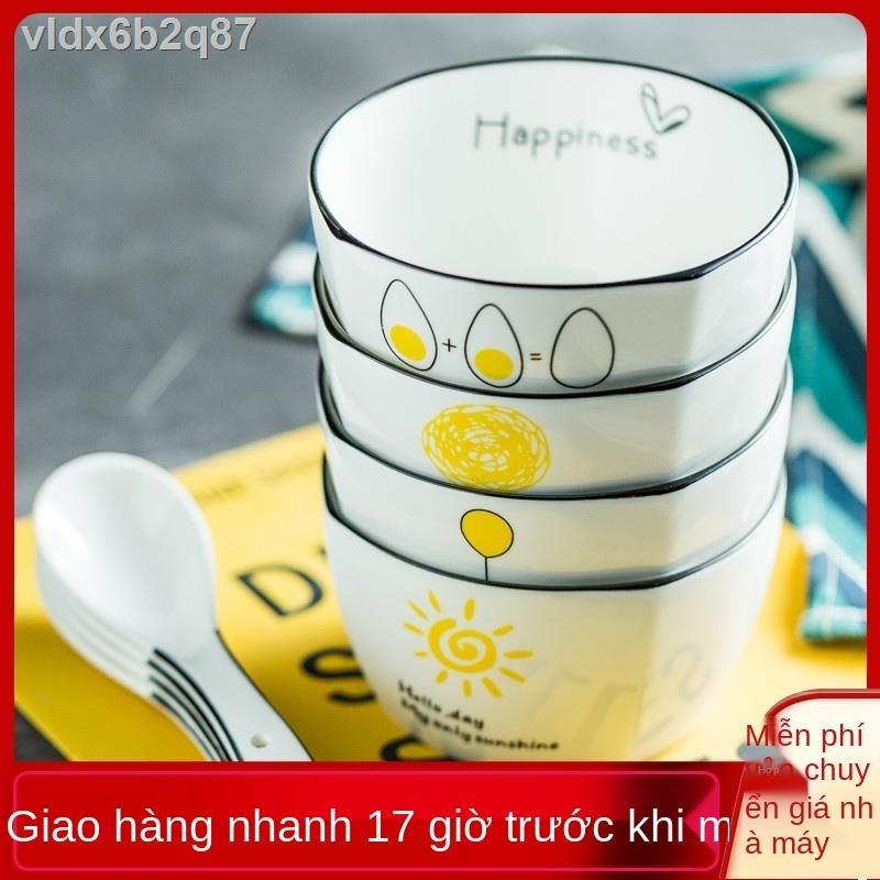 ✌☋Sản phẩm mới Bát ăn cơm gốm sứ bộ đồ ăn sáng tạo hình vuông bát salad thìa súp bát đĩa gia đình 4 chiếc bát ăn