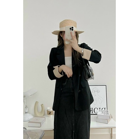 Áo vest blazer tay gấp phối màu hai lớp vải tuyết mưa