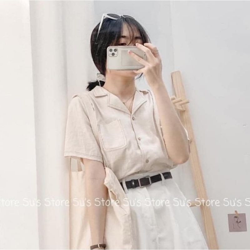 Áo Sơ Mi Ngắn Tay Màu Trơn Xinh Xắn Phong Cách Cổ Điển Dành Cho Nữ Freesize Dưới 55kg Có 2 Màu Be và Trắng
