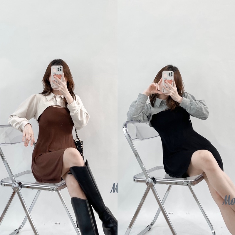 set áo cutout kèm đầm 2 dây, set đầm trơn kèm áo cổ đức cài nút (Ảnh thật/ sẵn)