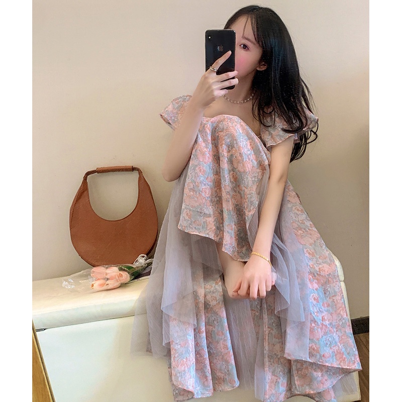Đầm hai dây cổ vuông mặc trễ vai đa dạng tay áo che bắp tay dáng váy dài suông họa tiết hoa thanh lịch dịu dàng nữ tính