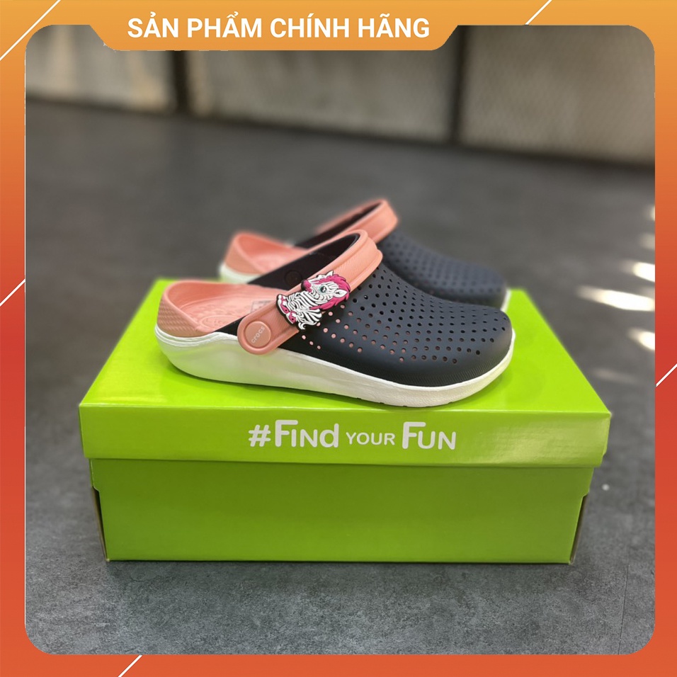 Giày Dép Sục Literide Clog Xanh Đen - Cam Crocs Trẻ Em Chính Hãng Size 27 Đến 35 - Tặng 4 Jibbizt - Sấu Vui Vẻ