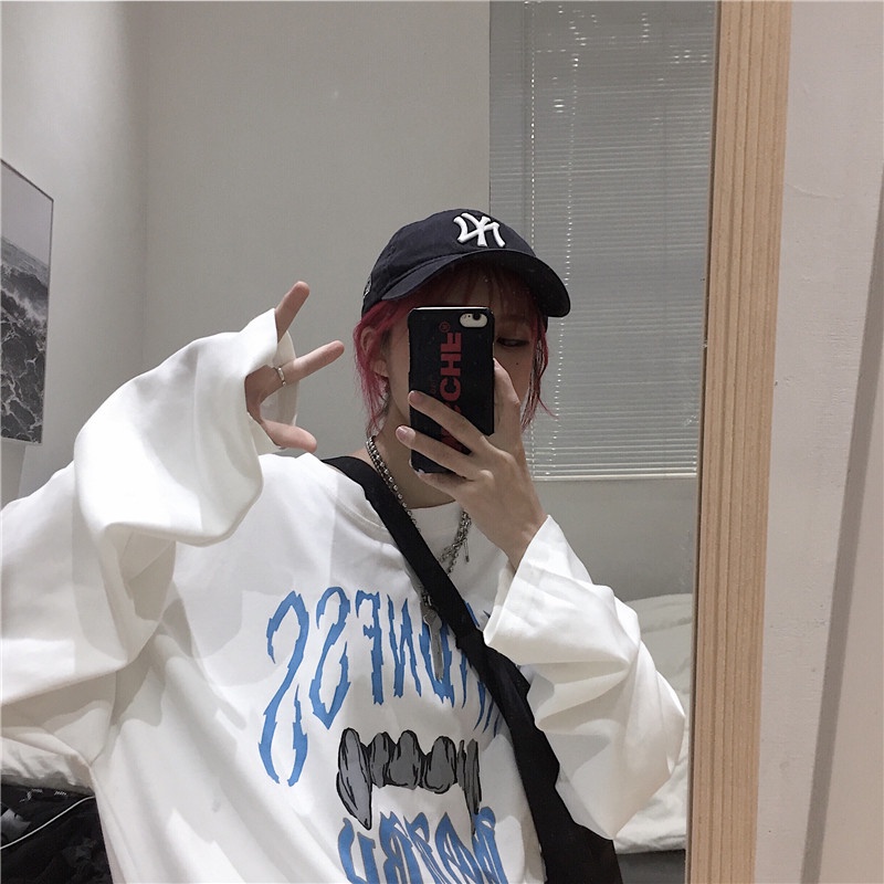 Áo Thun Tay Dài Cổ Tròn Dáng Rộng In Họa Tiết Phong Cách Hip Hop Thời Trang Hàn Quốc Cho Nam Size M-8Xl