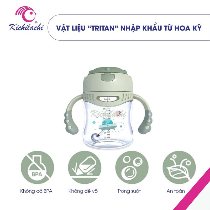 Bình nước cho bé, bình tập hút kichilachi loại lớn 300ml, giúp bé tập hút tốt hơn với van chống sặc, nhựa tritan an toàn