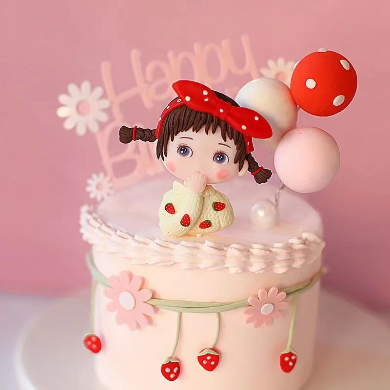 Cô gái dâu dễ thương trang trí bánh sinh nhật topper đồ dùng cho bữa tiệc tráng miệng trang trí cupcake cô gái bộ trang trí bánh sinh nhật
