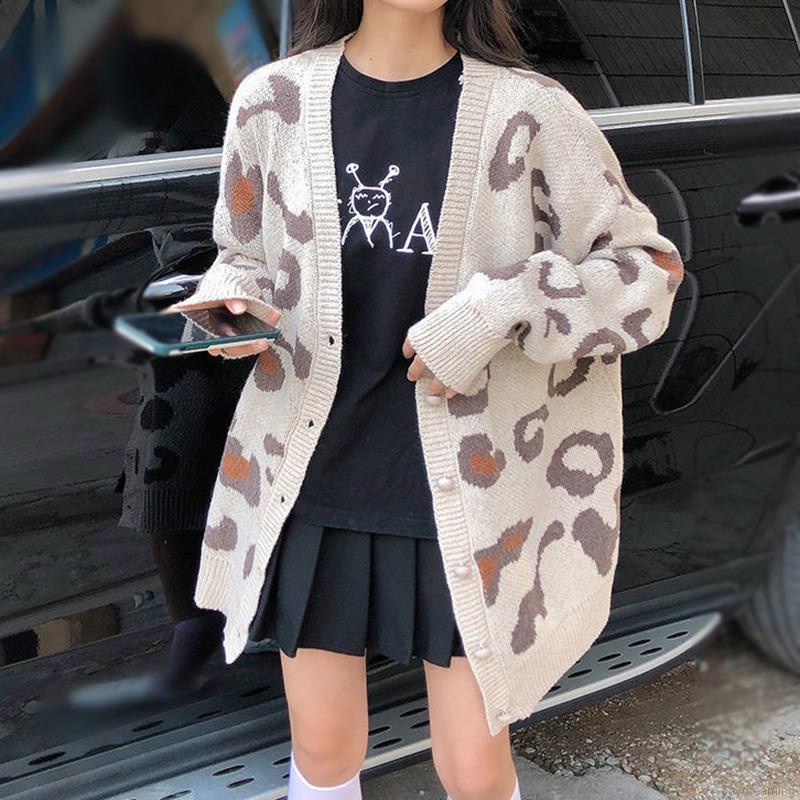 Áo khoác Cardigan dệt kim hoạ tiết da báo thiết kế dáng rộng thoải mái
