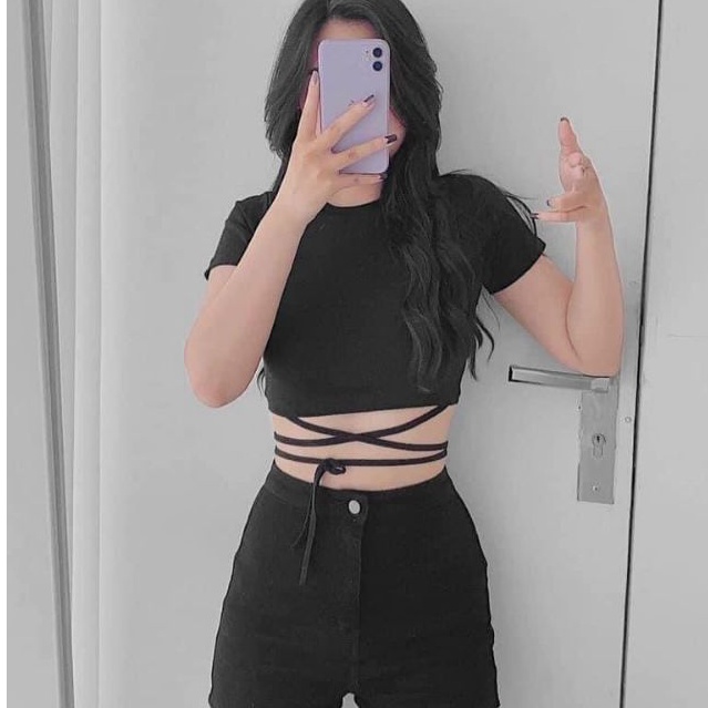 Áo Croptop tay ngắn đan dây chéo borip co dãn