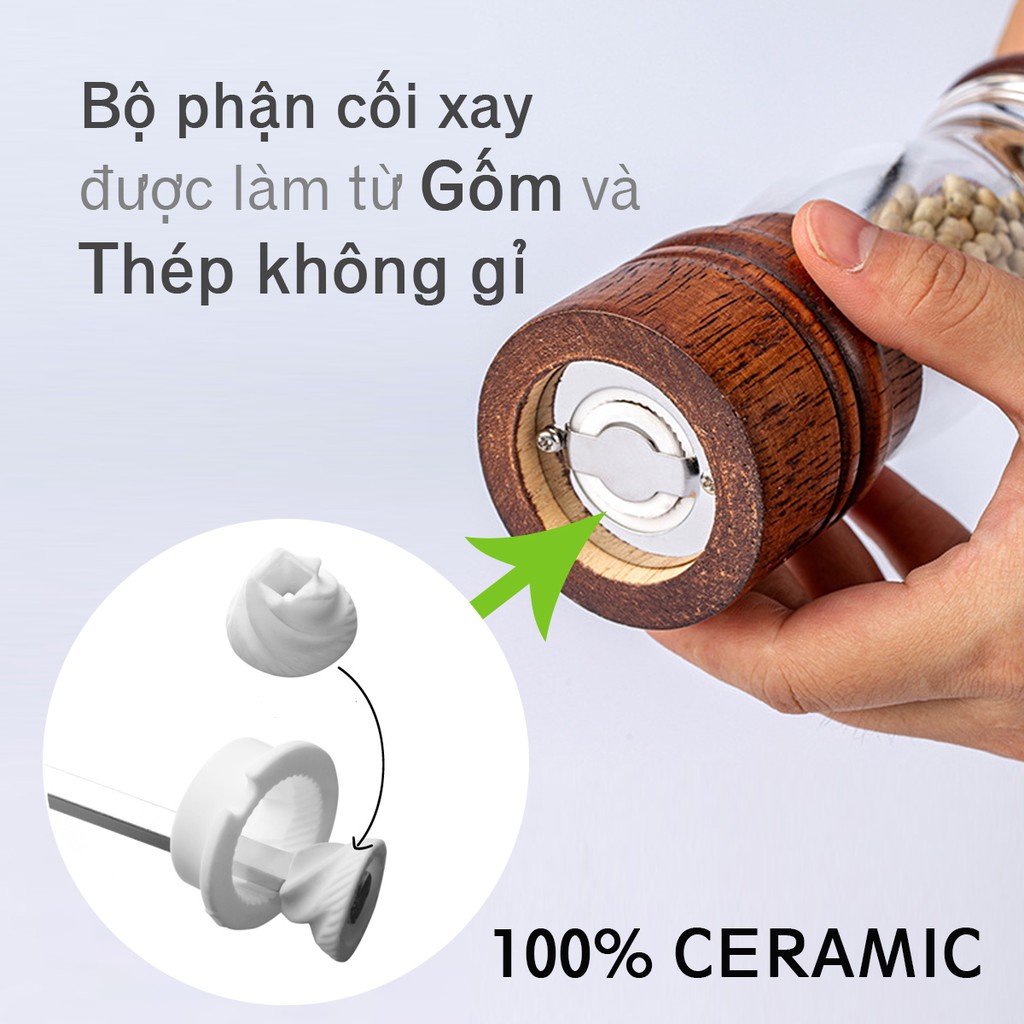 Máy xay tiêu cầm tay vỏ gỗ với thân trong suốt (GA09), lõi xay bằng gốm bền bỉ, dễ dàng điều chỉnh độ mịn