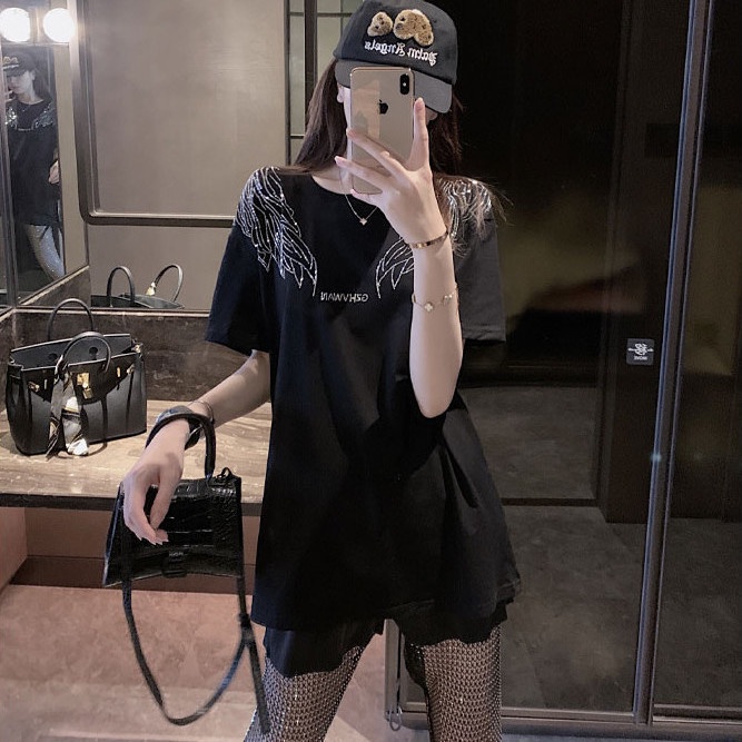 Jiashucheng Áo Thun Tay Ngắn Màu Đen In Hình Đôi Cánh Đính Đá Phong Cách Đường Phố Châu Âu Thời Trang Xuân Hè Cho Nữ