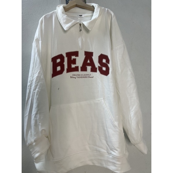 Áo Nỉ Polo Phối Khóa Cổ BEAS  Nữ [FREESHIP] Sweater form rộng tay bồng màu trắng phối chữ đỏ vintage hàn quốc
