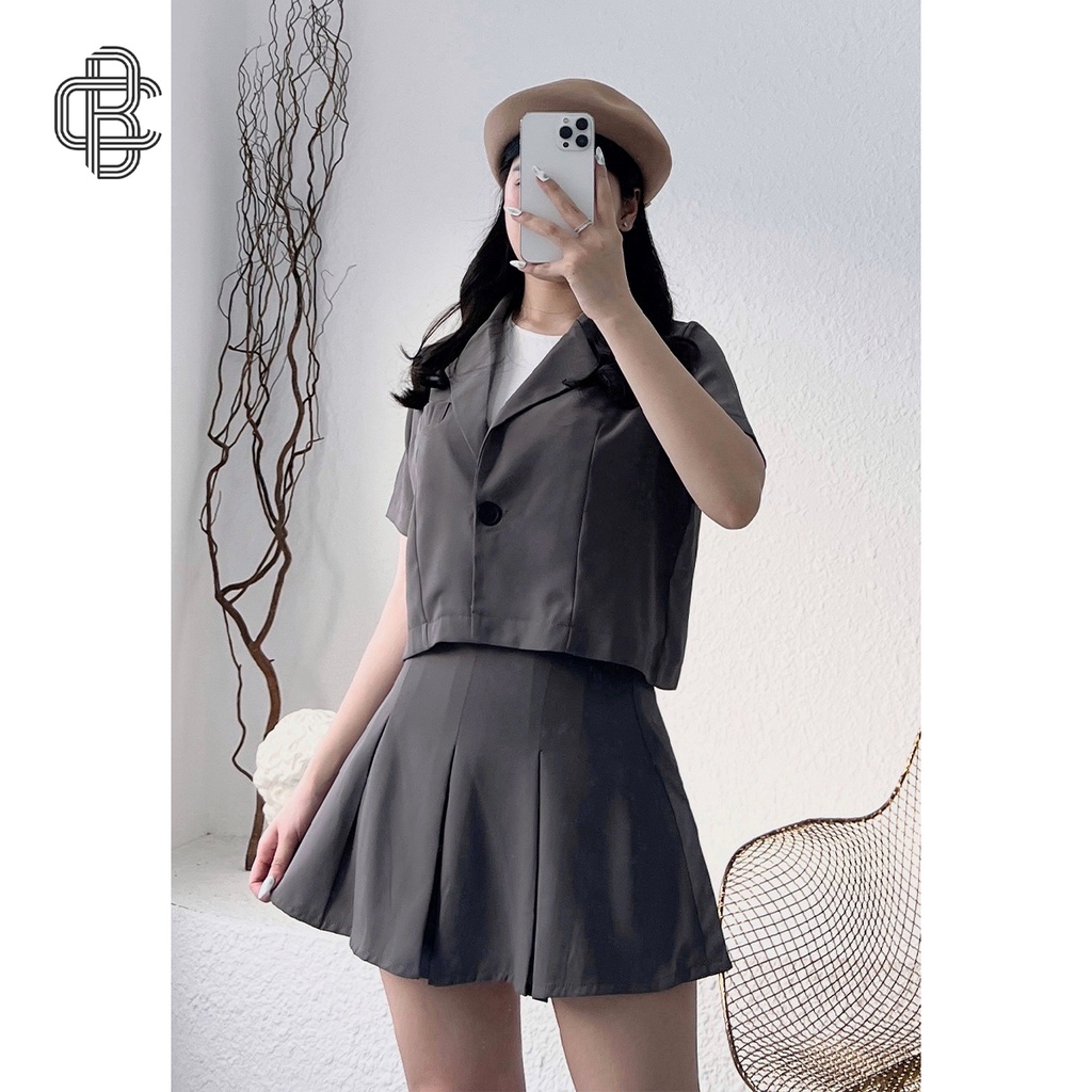 Set đồ nữ áo croptop cổ vest kết hợp chân váy xếp ly 6 màu trẻ trung SET01 - La’coba