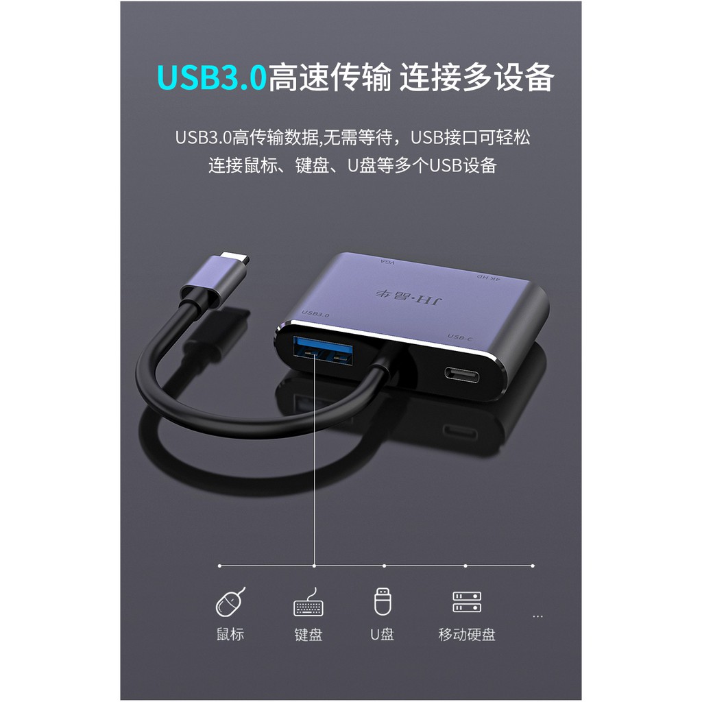 Hub Usb Type-c 4 cổng HDMI, VGA, Usb và sạc 60w cho Macbook, Nintendo Switch Jinghua z343