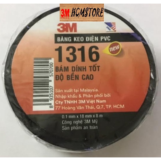 3M 1316 18mm dài 16m - BĂNG KEO ĐIỆN PVC - CÁCH ĐIỆN ĐẾN 600V chuyên dùng cho mạch điện gia đình