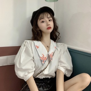 (ORDER) Áo sơ mi trắng nữ cộc tay cổ bẻ búp bê thêu hoa  tay phồng đáng yêu trẻ trung