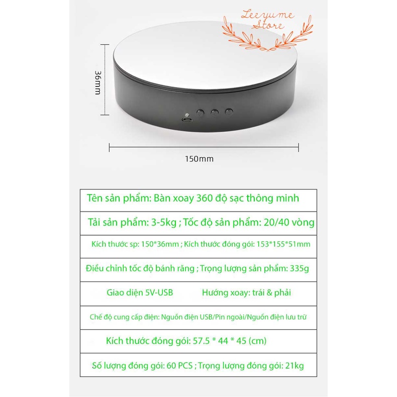 ĐẾ XOAY 360* HỖ TRỢ CHỤP ẢNH VÀ QUAY VIDEO SẢN PHẨM SZ 15CM CHỊU LỰC 5KG, SẠC USB - BẢO HÀNH CHÍNH HÃNG