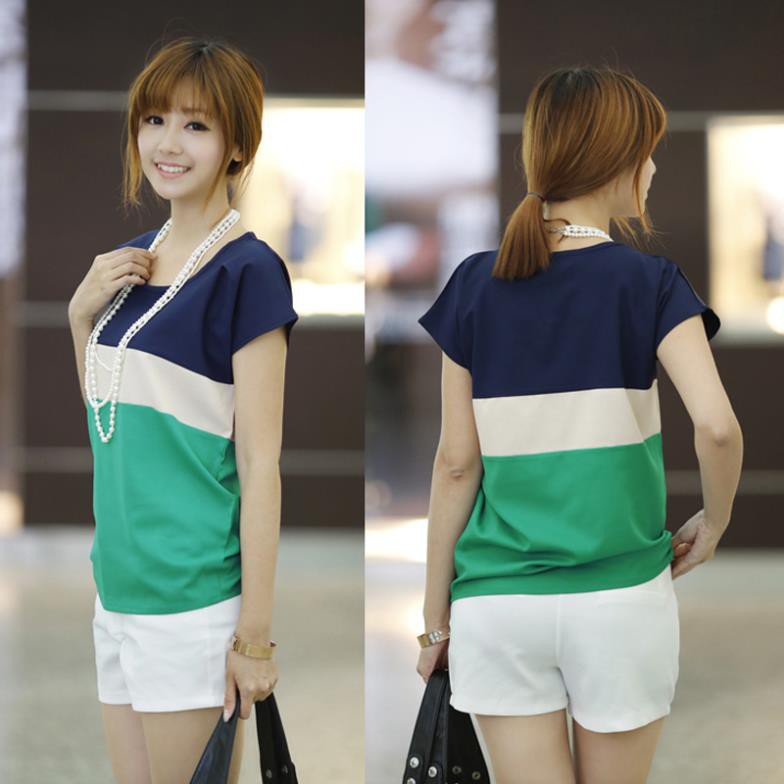 Áo thun tay ngắn kẻ sọc ngang phối màu năng động thời trang cho nữ | BigBuy360 - bigbuy360.vn