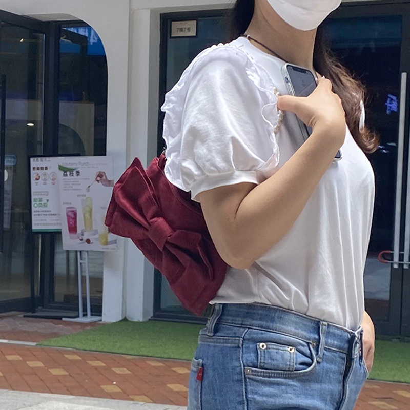 Túi đeo vai IELGY vải canvas phối nơ cỡ lớn dây đeo ngọc trai phong cách Hàn Quốc dành cho nữ