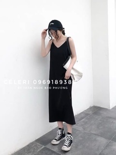 Váy hai dây đen basic xẻ 1 bên dáng xuông