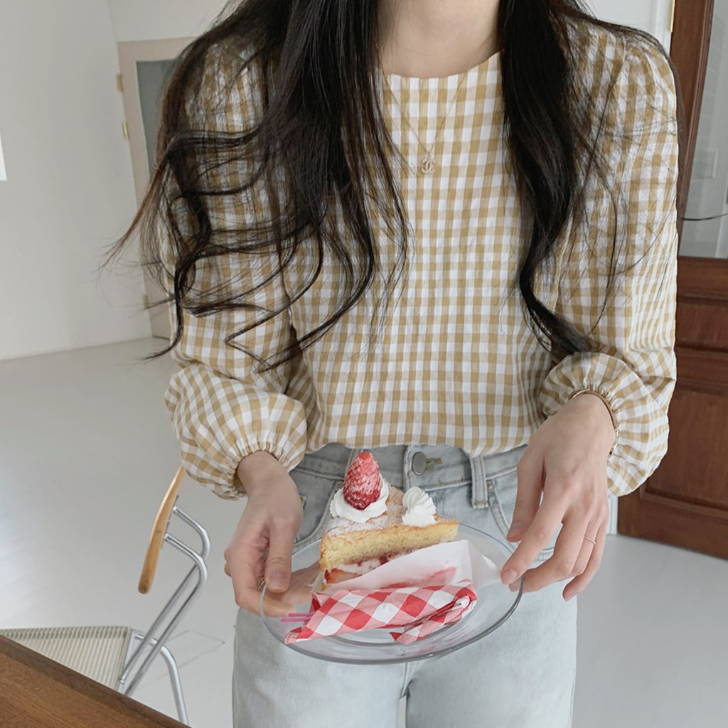 41474 Áo Sơ Mi Tay Dài Cổ Tròn Họa Tiết Kẻ Sọc Ca Rô Phong Cách Hàn Quốc