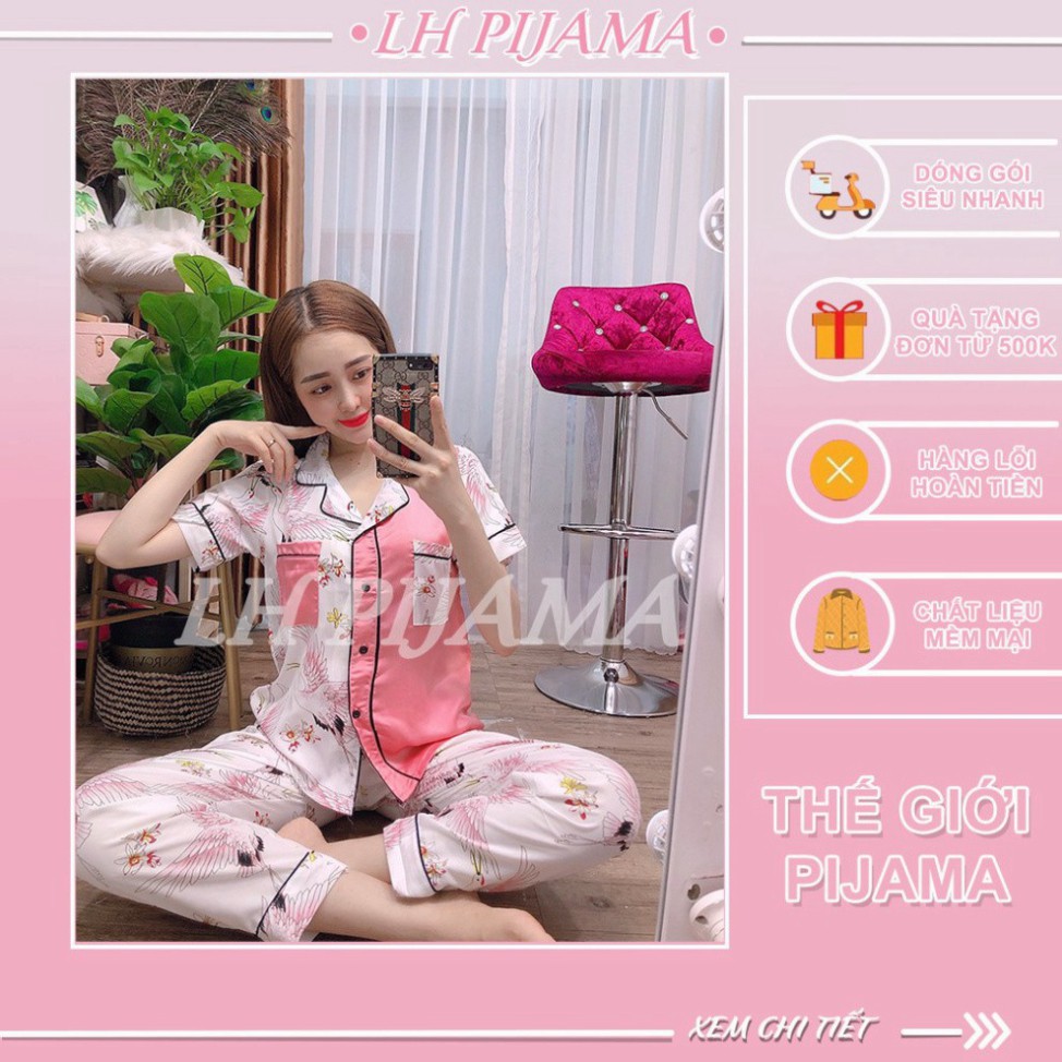 Bộ đồ ngủ, đồ bộ Pijama lụa nữ mặc nhà satin hai túi tay ngắn quần dài free ship từ 50k