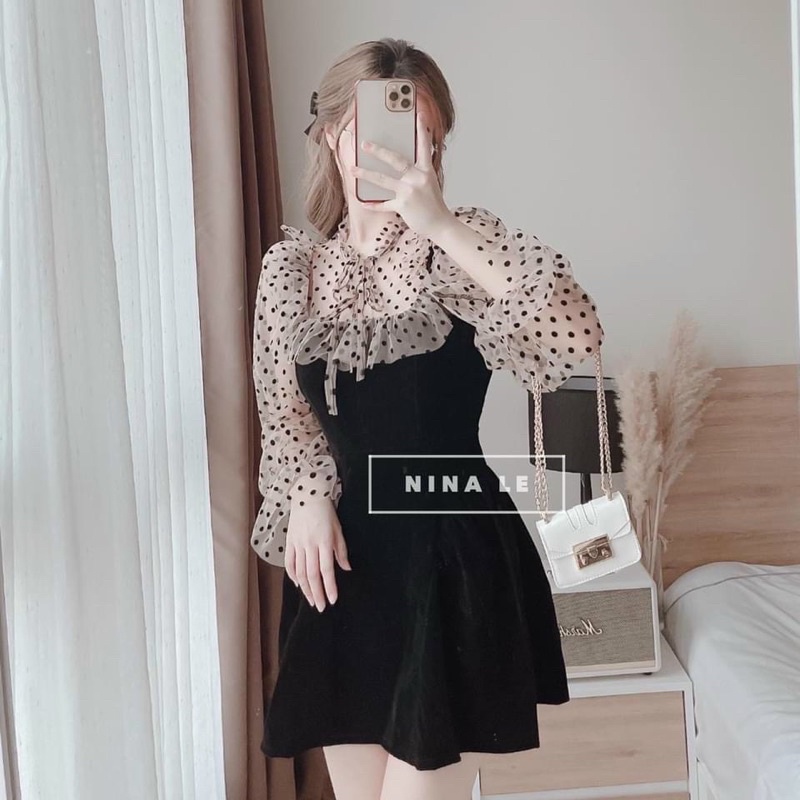 Đầm nữ umi nơ cổ sang chảnh dáng xoè phối lưới bi umi