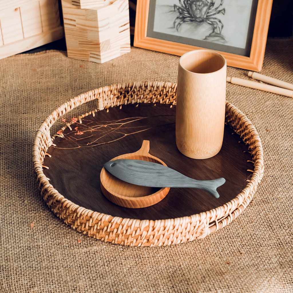 Khay tròn có quai bằng mây đế gỗ - Khay mây tròn-Wooden tea tray