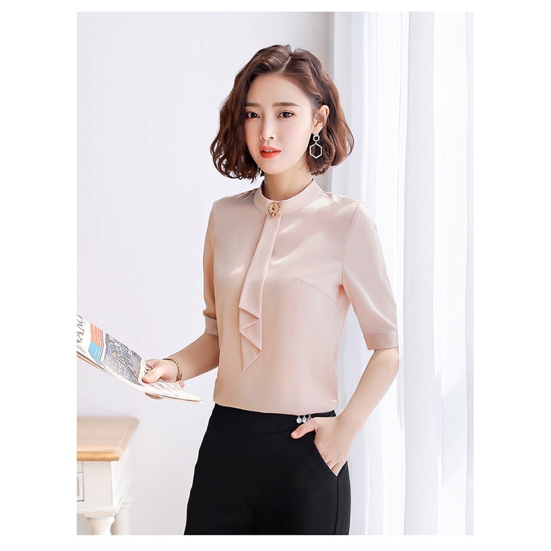áo sơ mi nữ cổ trụ tay ngắn phối kiểu size S M L XL