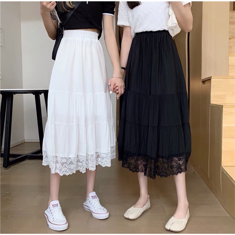 Chân váy dài viền ren dáng xòe cạp chun, Váy tiểu thư bánh bèo