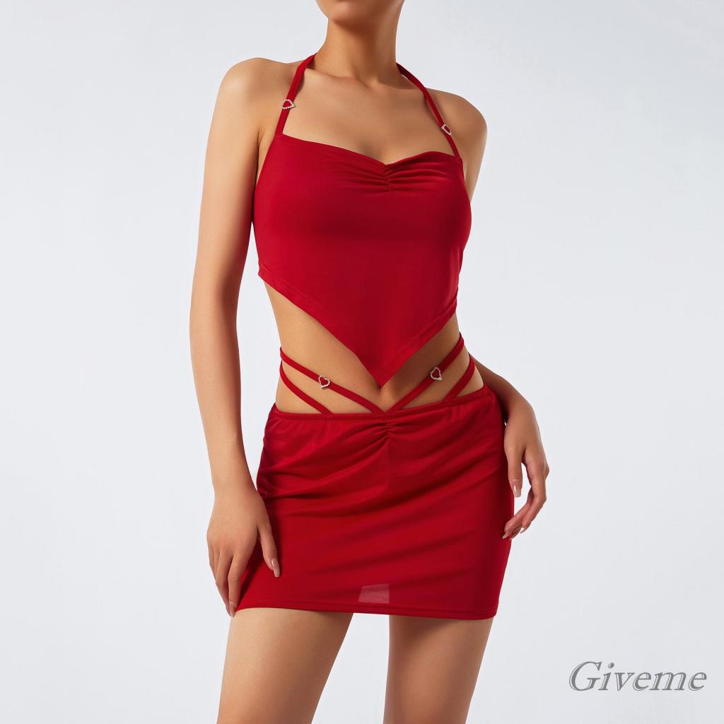 GIVEME-Women Casual Set, Solid Color Sleeveless Backless Halter Crop Tops+Slim Fit Bandage Short Skirt