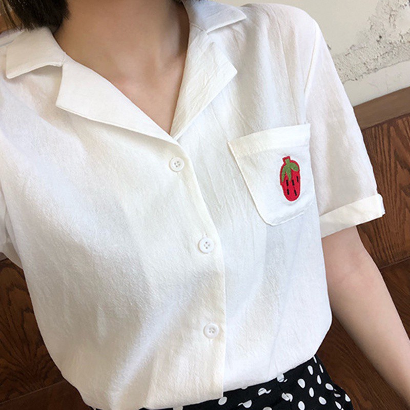 Áo kiểu tay ngắn cổ bẻ thêu hình trái cây cho phái nữ | BigBuy360 - bigbuy360.vn