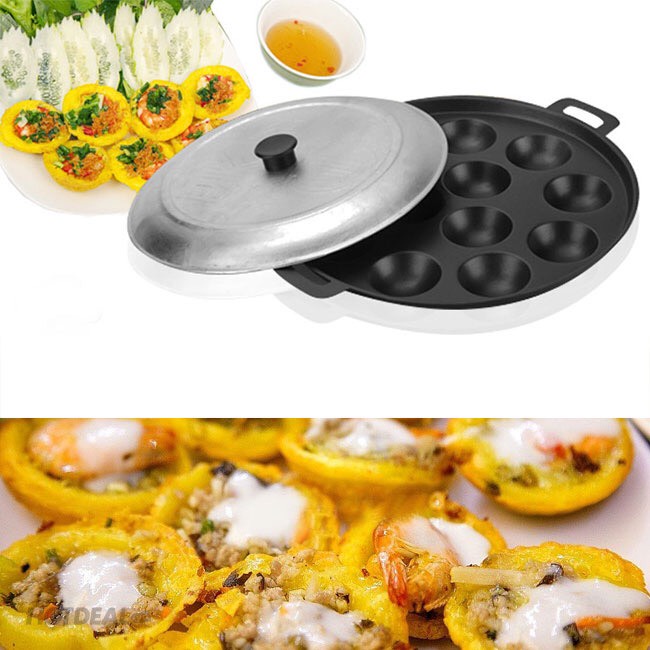 Khuôn bánh khọt chống dính 8 lỗ chất dày cao cấp kèm nắp chất liệu gang cao cấp  – Gia dụng bếp