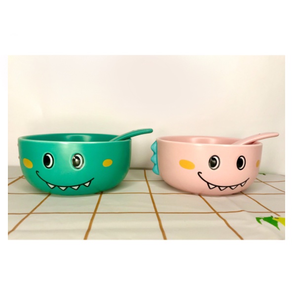 Bát tròn khủng long bằng gốm sứ cao cấp size to tặng kèm thìa bằng sứ cho bé yêu ăn cơm, tập ăn dặm