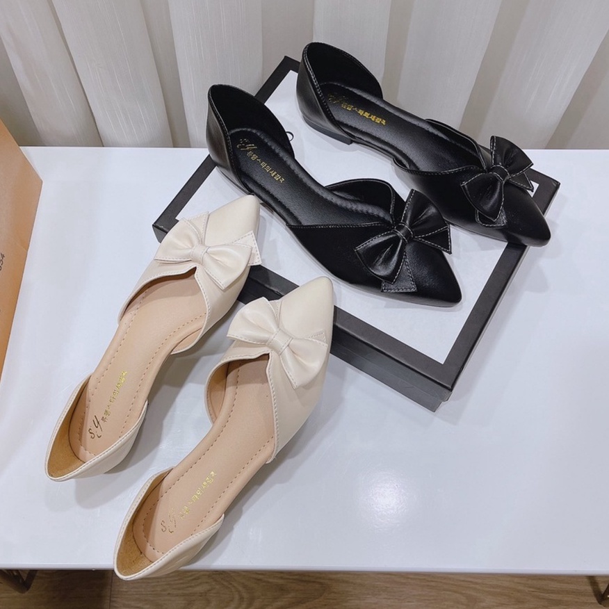 FREE SHIP Giày búp bê nữ đế bệt chất da đính nơ hàn quốc 002