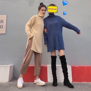 Áo len dáng dài xẻ tà cổ cao