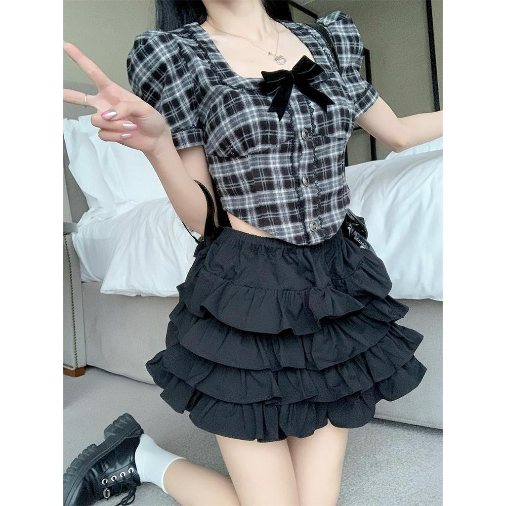 Set Áo Sơ Mi Cổ Vuông Kẻ Sọc Caro Trắng Đen Phong Cách Retro Kiểu Pháp 63588